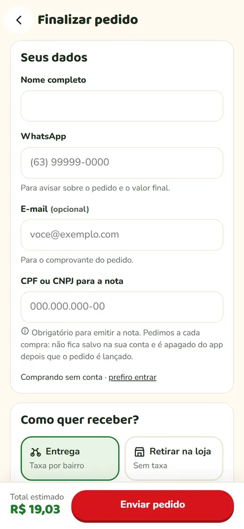 Tela de finalizar pedido com dados, escolha entre entrega e retirada e total estimado