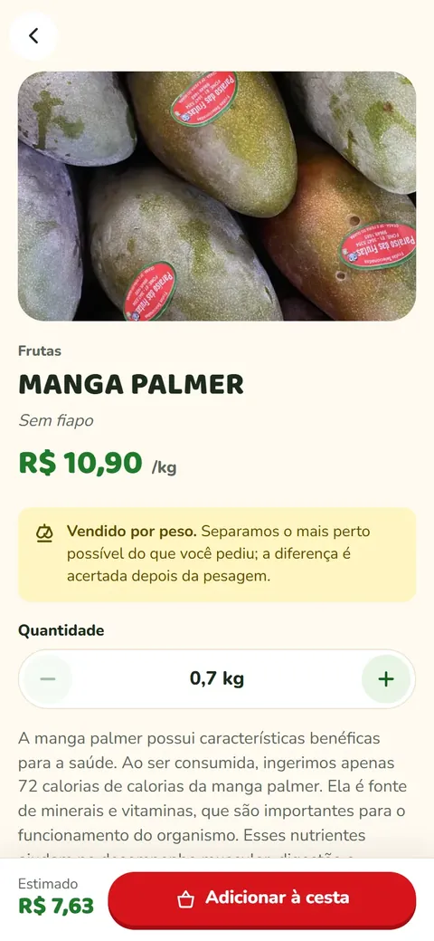 Página do produto manga palmer com aviso de venda por peso